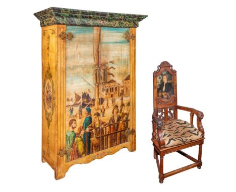 Renaissance Revival Hand Painted Cabinet and Chair  (2) items including a carved armchair having a portrait on back splat and