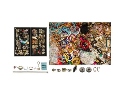 Sterling Silver, Rhinestone and Costume Jewelry Assortment  Including a marked 'Tiffany Italy' tiger motif keychain having fa