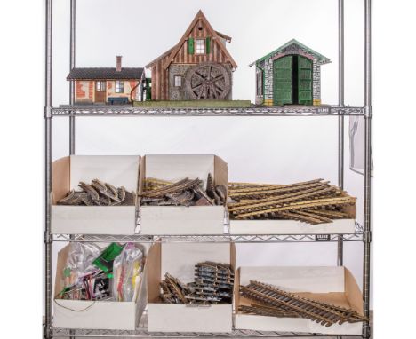 LGB Lehmann Model Train Transformers, Track and Accessories  Approximately (90) items including a train barn, a passenger dep