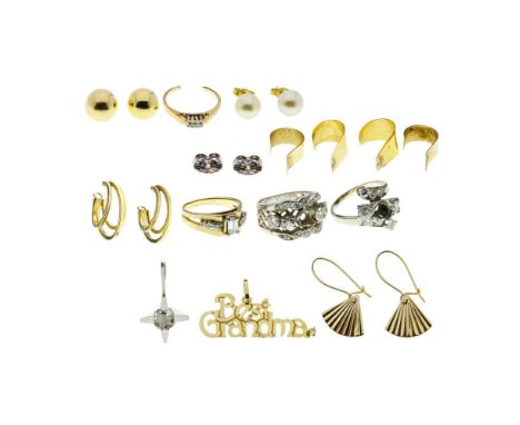 14k Gold Jewelry Assortment  (14) items including (4) rings, all having diamond / diamond accents, (4) pairs of earrings, (2)