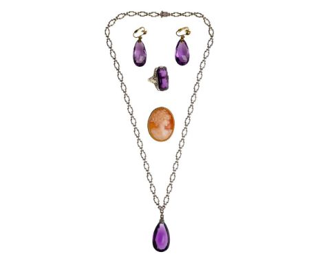 14k Gold and Amethyst Earrings and Pendant Necklace  (4) total items including a white gold pendant having a pear cut amethys