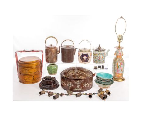 Asian Decorative Object Assortment  (20) items including vases, a wedding basket, a string of bells, a lamp, miniature boxes,