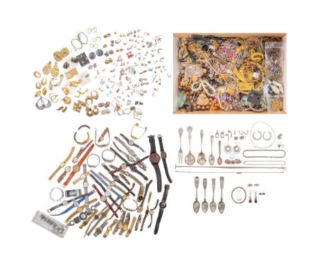 Sterling Silver and Costume Jewelry and Wristwatch Assortment  Including necklaces, bracelets, earrings and flatware (most ma