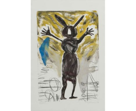 Jaune Quick-To-See Smith (American / Salish and Kootenai, 1940-2025) 'Rabbit' Monotype  1996, signed, dated and titled lower 