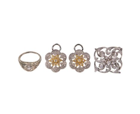 18k and 14k White Gold and Diamond Jewelry Assortment  (3) items including an Art Deco style ring having a round cut diamond 
