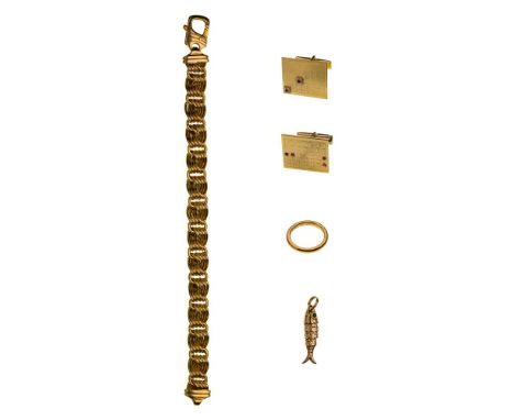 14k Yellow Gold Jewelry Assortment  (4) items including a braided link bracelet, a calendar cufflink set, a band ring and an 