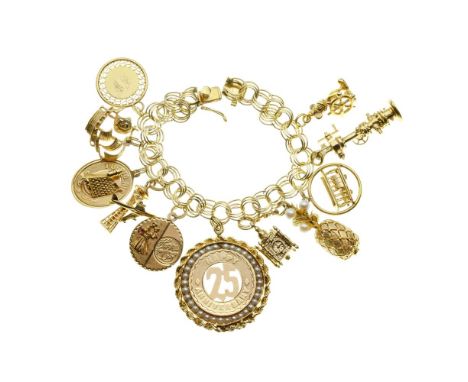 14k Gold Charm Bracelet  A round link bracelet having eleven attached charms (most marked '14k')  Property from: a Private Co