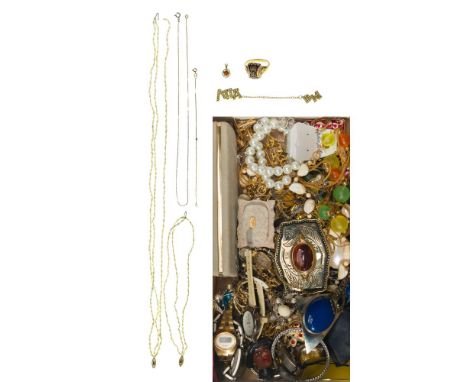 Gold and Costume Jewelry Assortment  Including a chain style necklace, a freshwater pearl necklace, (2) bracelets and a penda