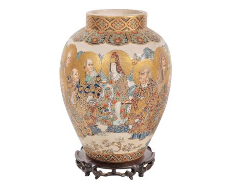 Japanese Satsuma Immortals Vase  c.1900, hand painted and gilt porcelain vase depicting immortal figures in moriage relief en