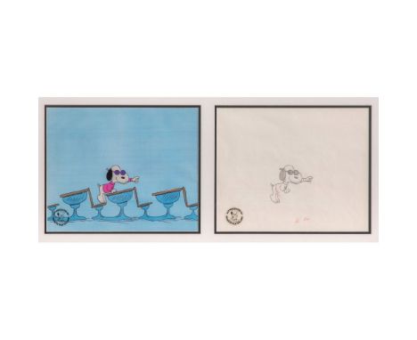 Charles Schulz Production Animation Cel and Drawing  (5) total items including a 1973 production cel having laser printed bac