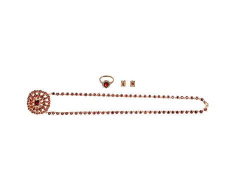 14k Yellow Gold and Garnet Jewelry Assortment  (3) items including a necklace having an attached pendant, a ring and a pair o