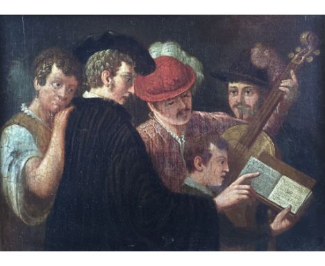After Tiziano Vecellio, called Titian (Italian, circa 1485/90-1576):
'The Music Lesson', oil on panel, H 15 x W 20.5 cm.  Not