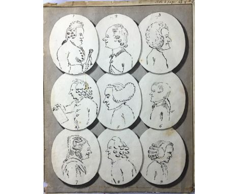 Attributed to Henry William Bunbury (British, 1750-1811):
A page of nine satirical portrait ink studies, each numbered, inscr
