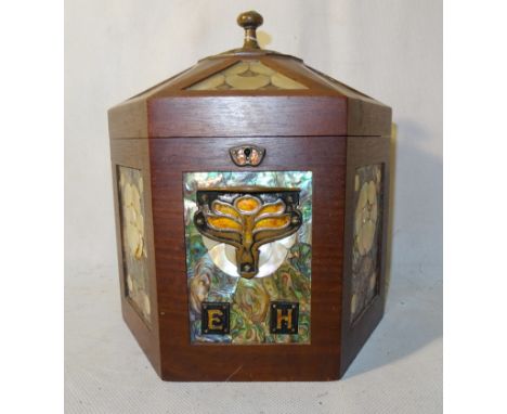 An Unusual Art Nouveau Mahogany Tobacco Box, possibly American:
the sides and cover set with mother-of-pearl panels, the fron