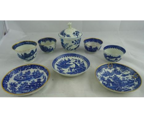 A group of Worcester blue and white porcelain; To include an 'Argument' pattern tea bowl and saucer. 'Cormorant' pattern tea 