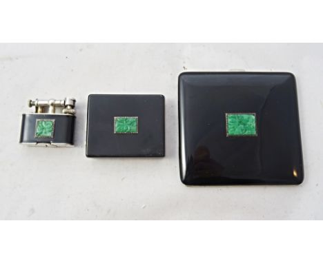 A Dunhill Lighter and Matching Joel Helft Art Deco Compact and Cigarette Case:
a Dunhill briquette lighter with black lacquer