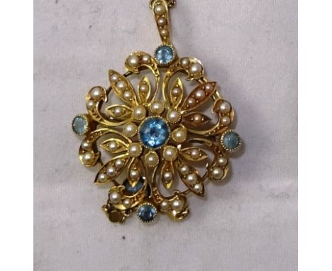 Edwardian drop brooch/pendant 
15ct gold with blue zircon and pearls on pin fastener with articulated drop to the bottom, on 