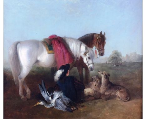 Edward Robert Smythe (British, 1810-1899):
A boy with a plumed hat seated in a landscape with horses, dogs & their catch, a d
