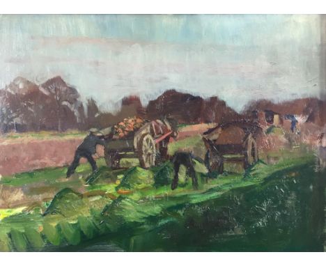 Margaret Theyre (British, 1897-1977):
Farm workers in a field, oil on panel, further sketch & inscription to verso, H 24 x W 