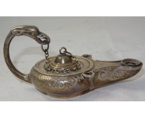 A Victorian silver oil lamp, by J.C. Eddington,  London 1852,  incuse stamped "417", conventional form with engraved decorati