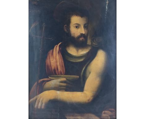 Italian School (17th/18th century):
Portrait of a Saint holding a bowl & crucifix, oil on panel, H 63 x W 48 cm  