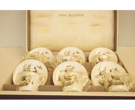 Royal Worcester, c.1959, cased set of six cups and saucers, hand painted in the Z 2622 pattern in the pheasant design