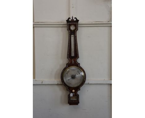 A mid 19th century rosewood and mother of pearl inlaid barometer, thermometer, hygrometer by James Peduzzi, Manchester with s
