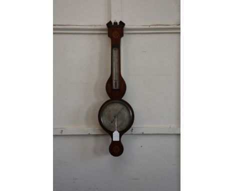 An early 19th century mahogany shell and floral marquetry inlaid banjo barometer, thermometer with broken pediment, silvered 