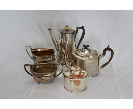 A plate on copper teapot with shield shaped cartouche to one side. A plate on copper twin handled sugar bowl with gadrooned r