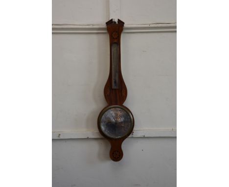 A 19th century mahogany boxwood, shell and flower head marquetry inlaid banjo barometer with broken angular pediment above a 