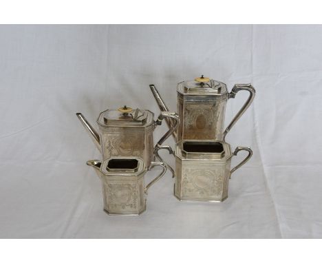 A silver plated four piece tea and coffee set comprising teapot, coffee pot, milk jug and twin handled sugar bowl with stylis