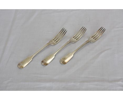 A set of three Victorian silver table forks, the reverse of the handles initialled ‘JJ’.  London 1840.  Makers HH.  A single 