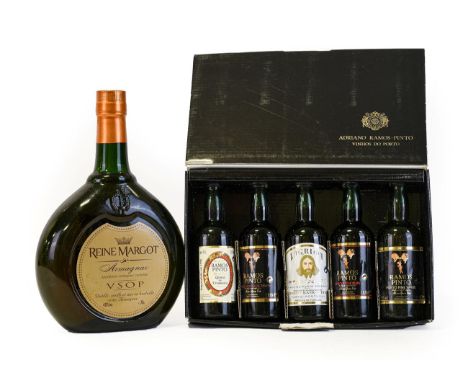 Reine Margot VSOP Armagnac (one bottle), Ramos Pinto: a collection of five 0.09 litre miniature ports comprising; Fine White,