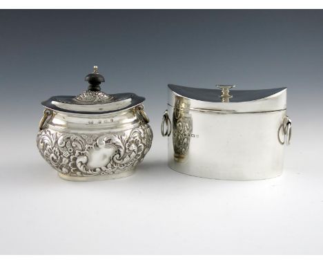 A silver tea caddy, by Martin, Hall and Co, Birmingham 1919, oval form, drop ring handles, the cover with an oval finial, len