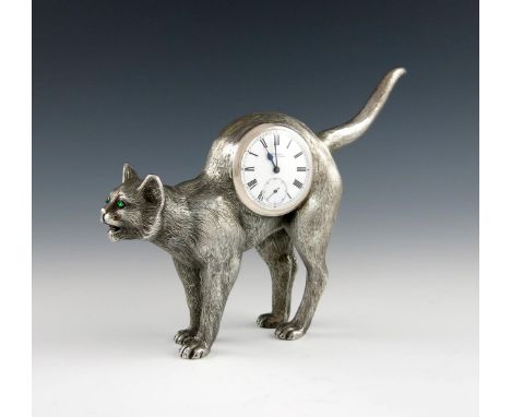 An Edwardian novelty silver cat mantle clock, by William Hornby, London 1907, modelled as a haunched cat, with an arched back