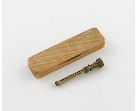 A 19th century gold toothpick box, unmarked, rectangular form, engine-turned decoration, plain thumb-piece, plus a gilt metal