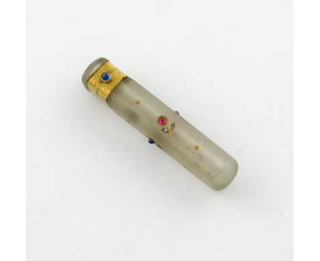 A late 19th century gold mounted gem set scent flask, unmarked, rectangular form, frosted glass body, the mounts with texture