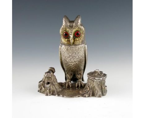 A Victorian cast silver owl ink well, by Henry Wilkinson & Co, Sheffield 1851, modelled as an owl perched on a branch, with t