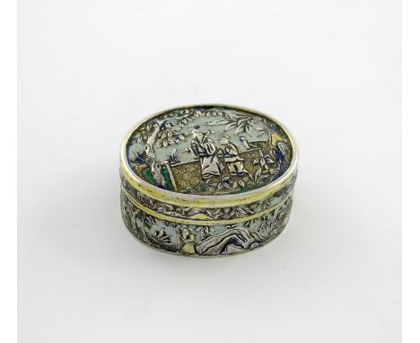 A Chinese silver-gilt and enamel snuff box, the underside marked with Chinese characters, oval form, with figural and landsca