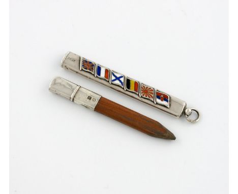 A silver and enamel pencil, by William Wright Ltd, Birmingham 1914, the pull-off cover reveals the pencil, the body applied w