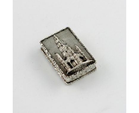 A Victorian silver 'castle-top' vinaigrette, Scott Monument,  by John Tongue, Birmingham 1844, rectangular form, the engine-t