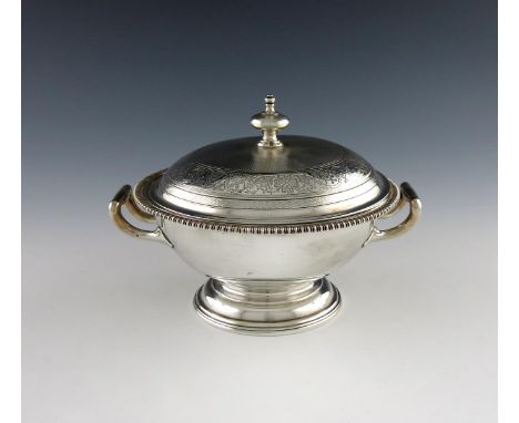 A Victorian silver two-handled bowl and cover, by Hunt and Roskell, London 1867, circular form, plain side handles, gadroon b