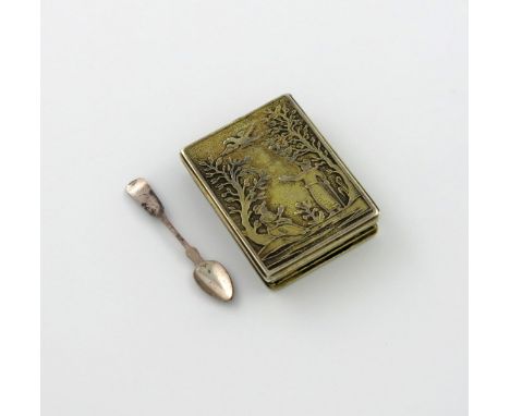 An 18th century silver-gilt snuff box and spoon, unmarked, circa 1740-60, rectangular form, the hinged cover with two figures