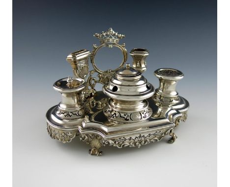 A rare 18th century Dutch silver inkstand, by Lambrecht Van Der Woord, Vlissingen, 1785, shaped oblong form, with a central i