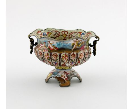 An Austro-Hungarian silver-gilt and enamel two handled bowl, apparently unmarked, shaped oval form, part fluted decoration, m