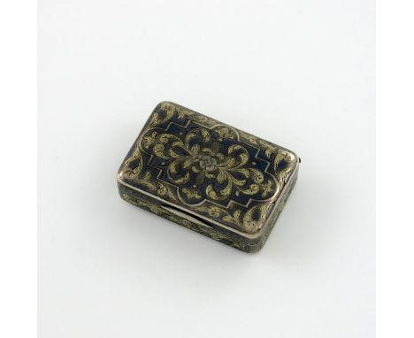 A mid-18th century Russian silver-gilt and niello snuff box, maker's mark of Script HJ or HT, Moscow 1841, rectangular form, 