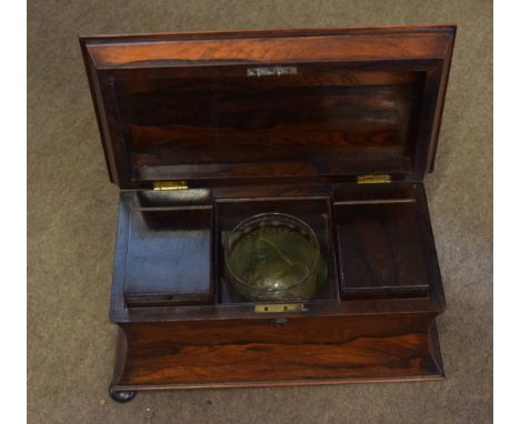 19th century rosewood tea caddy, of sarcophagus form, interior fitted with two compartments with lifting lids and central bow