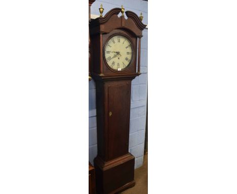 19th century oak longcase clock, broken arch pediment with urn finials, circular re-painted dial, plain trunk, plinth base wi