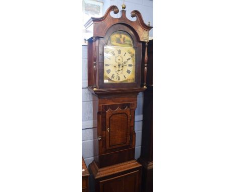 19th century mahogany longcase clock, swan neck pediment over a painted arched dial, (the face crudely repainted) by Coats &a