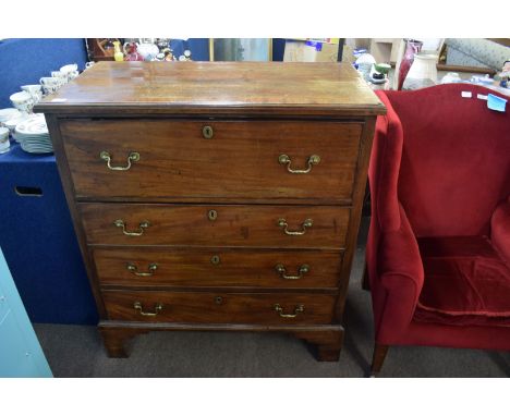 Mahogany secretaire chest, cross banded top over fall front enclosing a fitted top drawer, three further graduated drawers be